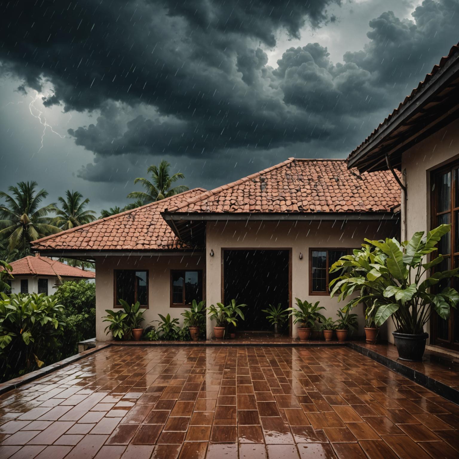 Heavy monsoon rain on a tropical roof