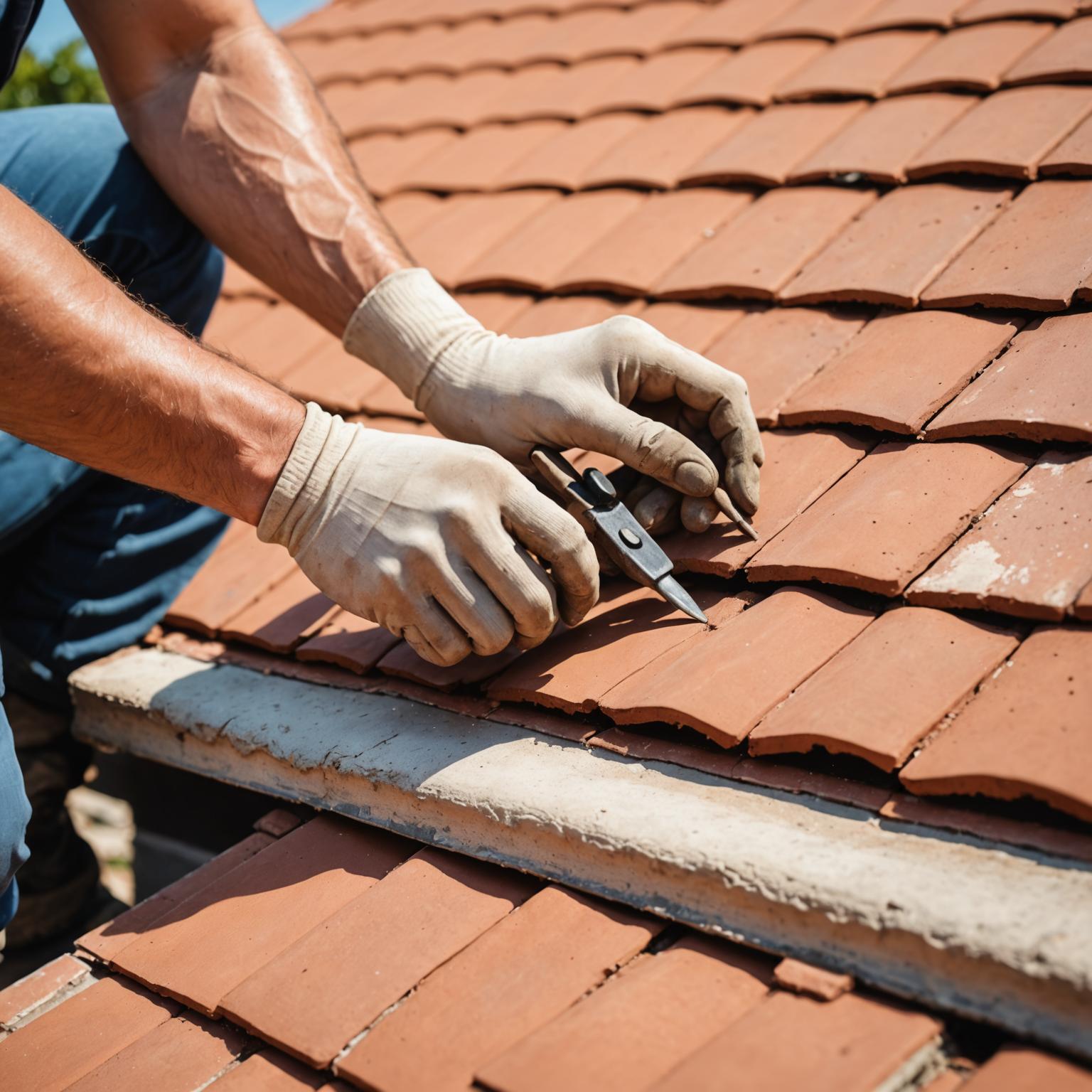 Tile roof repair in progress